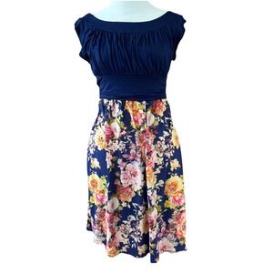 Vintage Gilli Sleeveless Dress Women's M Navy & Floral Runched USA Made 90s